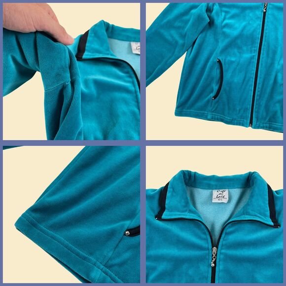 90s/Y2K blue velour track suit, vintage 1990s L womens pants & jacket set - Picture 4 of 9